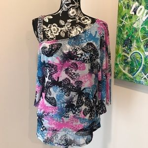 INC Sheer Butterfly Print One Shoulder Blouse